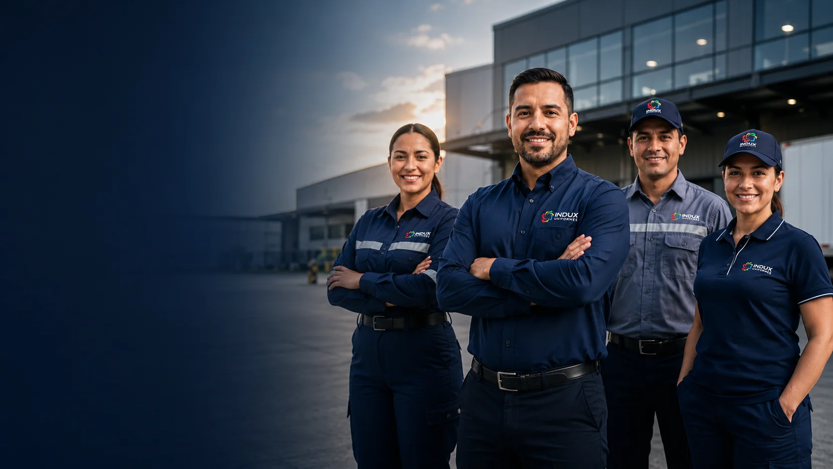 Equipo corporativo con uniformes INDUX frente a un edificio empresarial