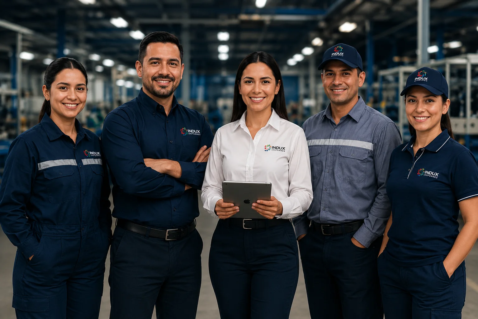 Equipo de colaboradores con diferentes uniformes corporativos INDUX