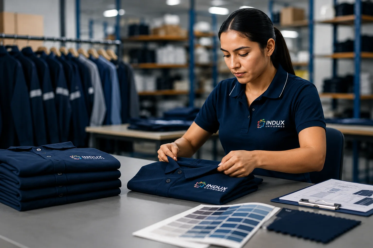 Profesional revisando la calidad de uniformes corporativos INDUX