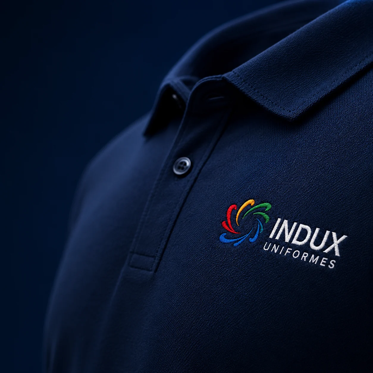 Detalle de tela y bordado premium de un uniforme INDUX