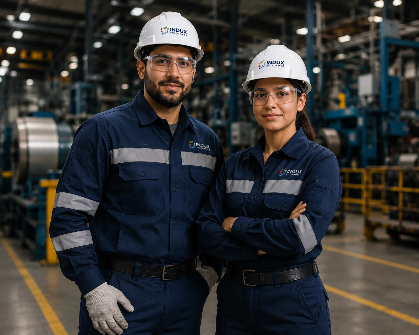 Trabajadores con uniformes industriales y equipo de seguridad INDUX