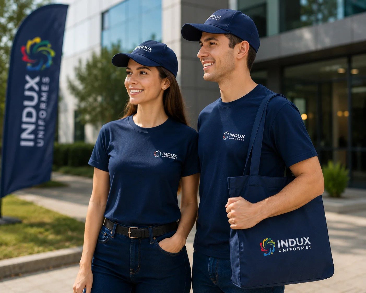 Personas con camisetas, gorras y promocionales INDUX